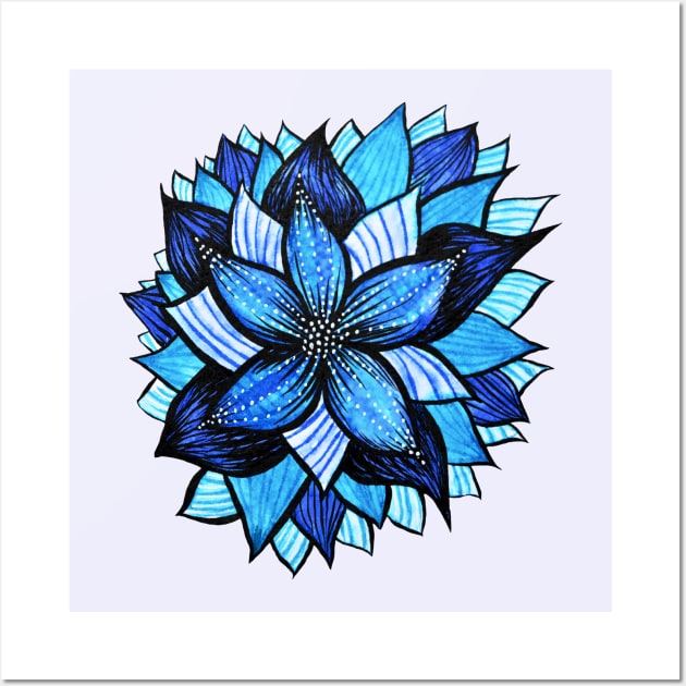 Beautiful Abstract Blue Flower Ink Drawing Wall Art by Boriana Giormova